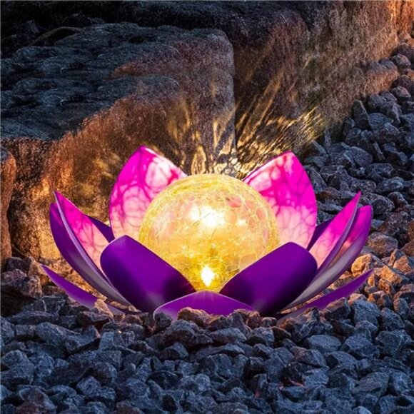 Art Crackle Globe Glass Lotus Decoration Solar LED Waterproof Purple